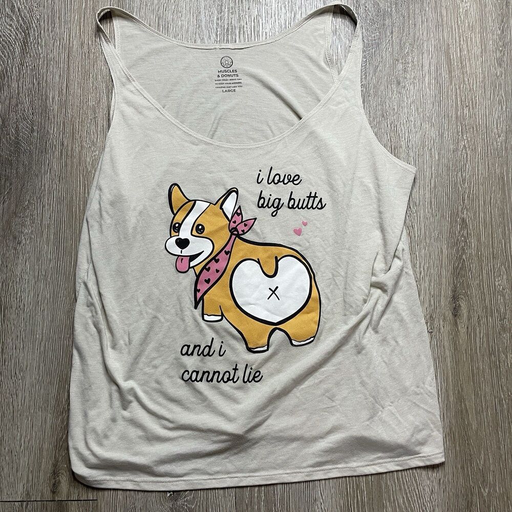 Corgi Dog And Doughnut Lover. I Love Big Butts  Beige Tank Top  Size Large